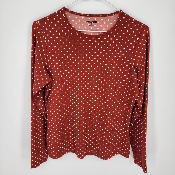 3/$25 21 Lands End Polka Dot Rash Gaurd S Rust Orange Long Sleeve Swim Top Crew - Picture 1 of 7